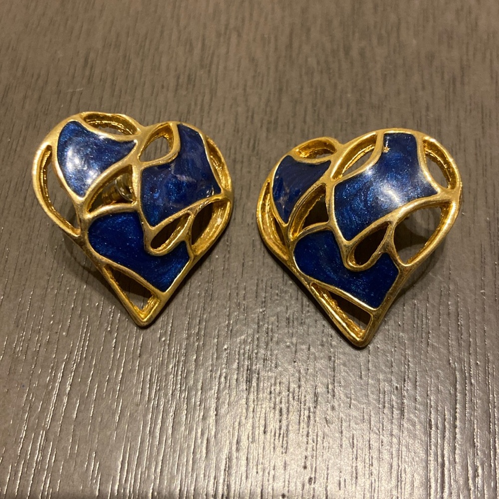 Vintage Blue And Gold Enamel Earrings
